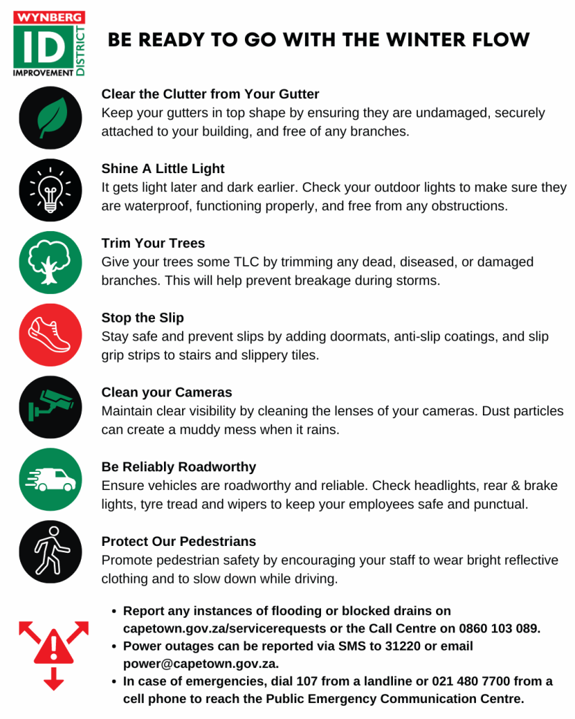 Are You Ready to Go with the Winter Flow? Clear the Clutter from Your Gutter Keep your gutters in optimal condition by ensuring they are undamaged, securely attached to your building, and free from any branches. Shine A Little Light Combat the winter darkness by checking your outdoor lights. Make sure they are waterproof, functioning properly, and free from obstructions. Trim Your Trees Give your trees the care they deserve. Trim any dead, diseased, or damaged branches to prevent breakage during storms. Stop the Slip Create a safe environment by adding doormats, anti-slip coatings, and slip grip strips to stairs and slippery tiles, reducing the risk of accidents. Clean Your Cameras Maintain clear visibility by cleaning the lenses of your cameras. Remove dust particles that can cause a muddy mess when it rains. Be Reliably Roadworthy Ensure the safety and punctuality of your employees by keeping your vehicle fleet in top shape. Check headlights, rear and brake lights, tyre tread, and windshield wipers. Protect Our Pedestrians Promote pedestrian safety by encouraging your staff to wear bright reflective clothing and to drive with caution on the roads. Report and Respond Take action when needed. Report instances of flooding or blocked drains through www.capetown.gov.za/servicerequests or the Call Centre on 0860 103 089. Power outages can be reported via SMS to 31220 or email power@capetown.gov.za. In case of emergencies, dial 107 from a landline or 021 480 7700 from a cell phone to reach the Public Emergency Communication Centre.